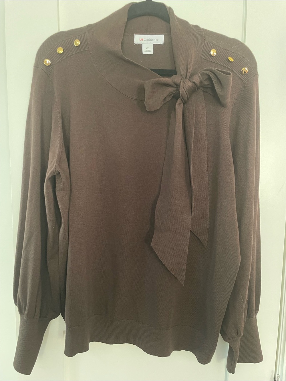 Liz Claiborne Chocolate Brown Tie-Neck Sweater with Gold Buttons